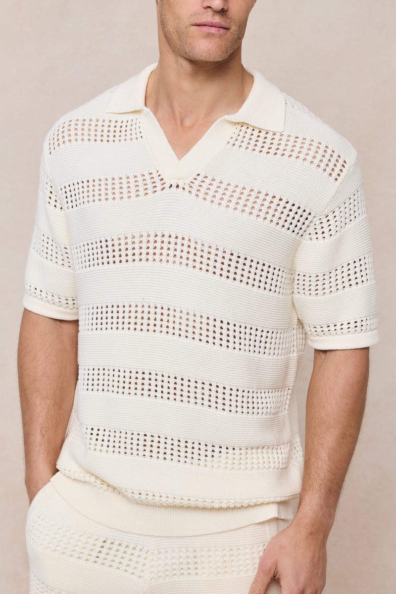 Frattina Crochet Cotton Knit Polo - Ecru