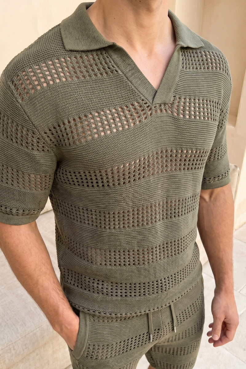 Frattina Crochet Cotton Knit Polo - Sage