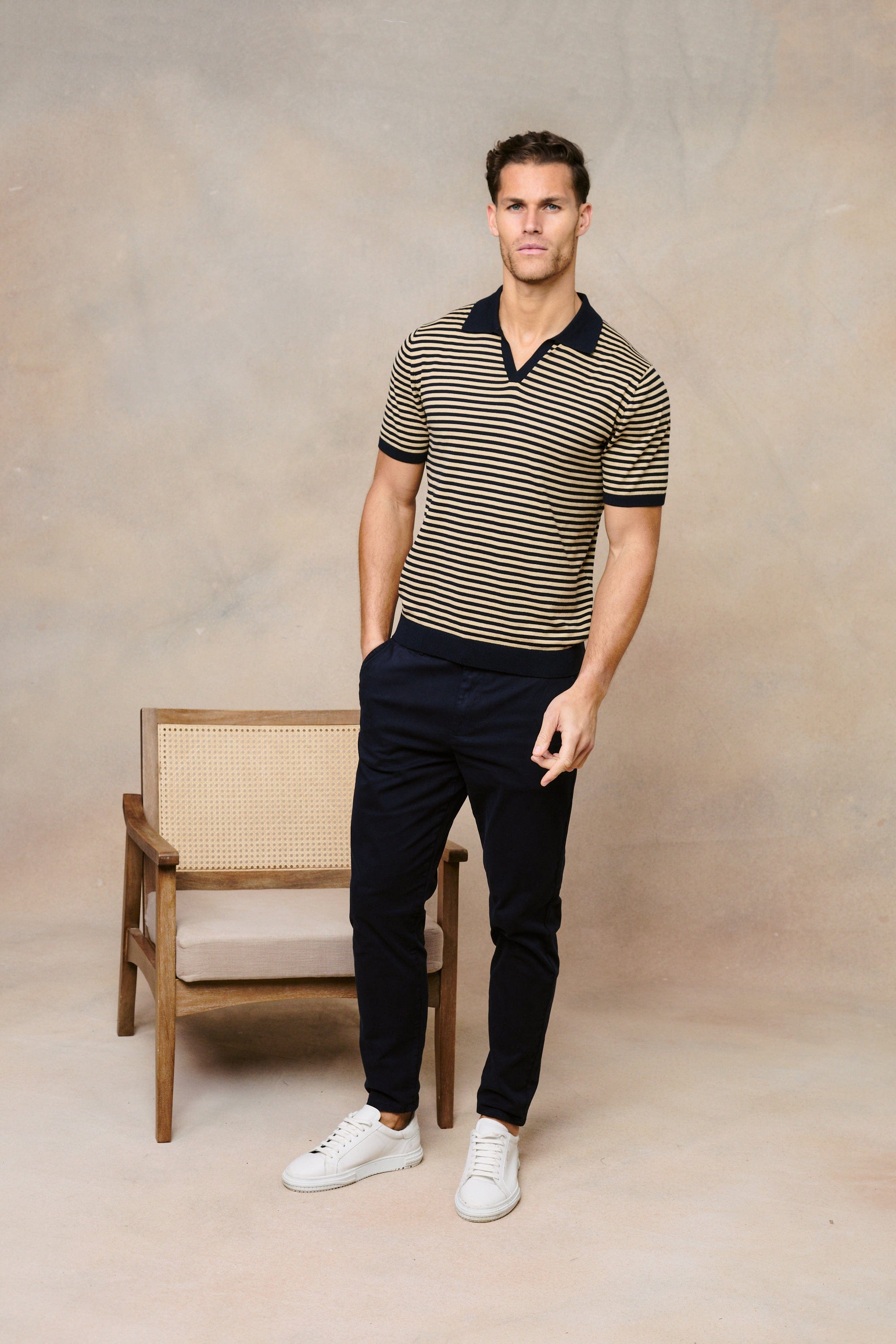 Privia Knitted Open Neck Polo - Beige/Navy