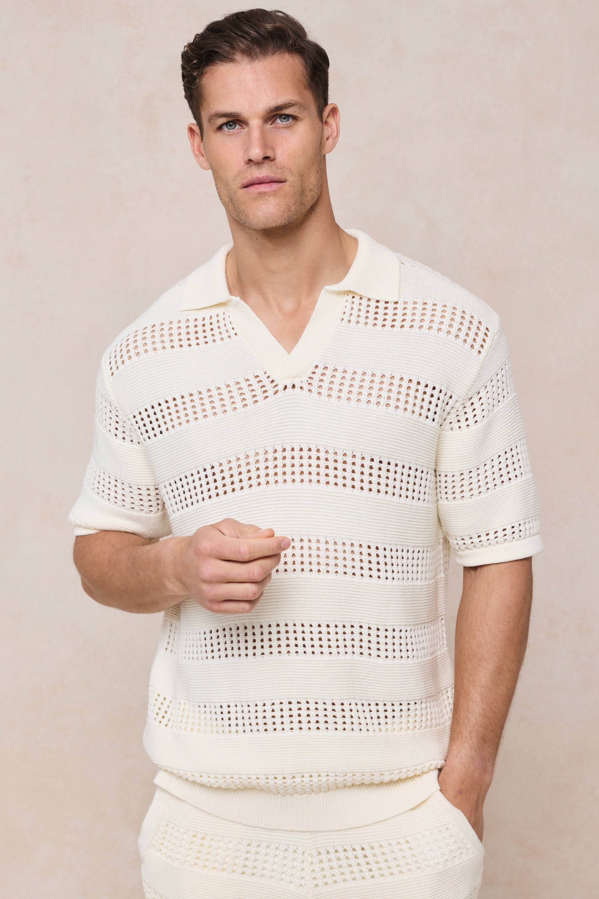 Frattina Crochet Cotton Knit Polo - Ecru