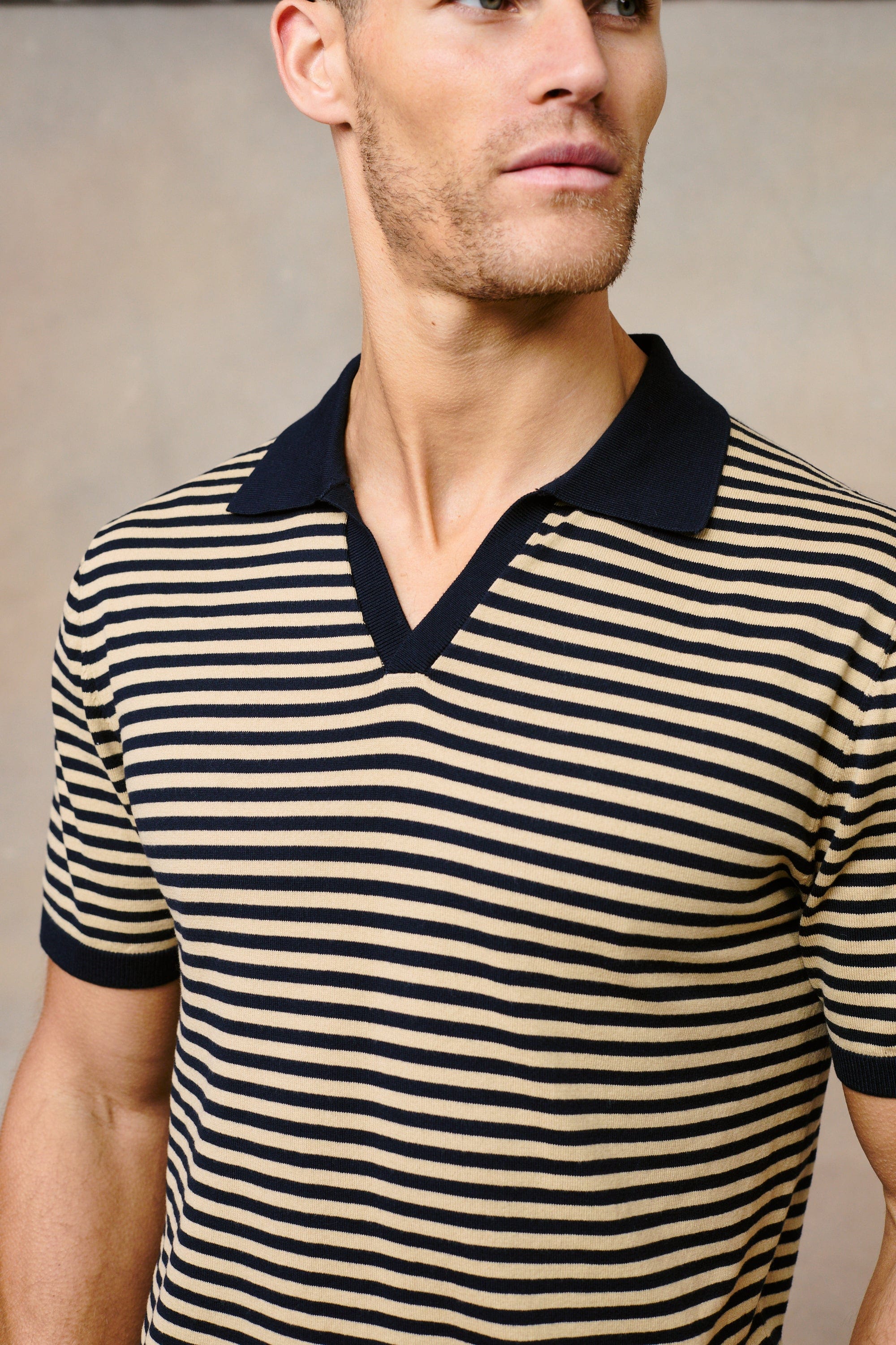 Privia Knitted Open Neck Polo - Beige/Navy