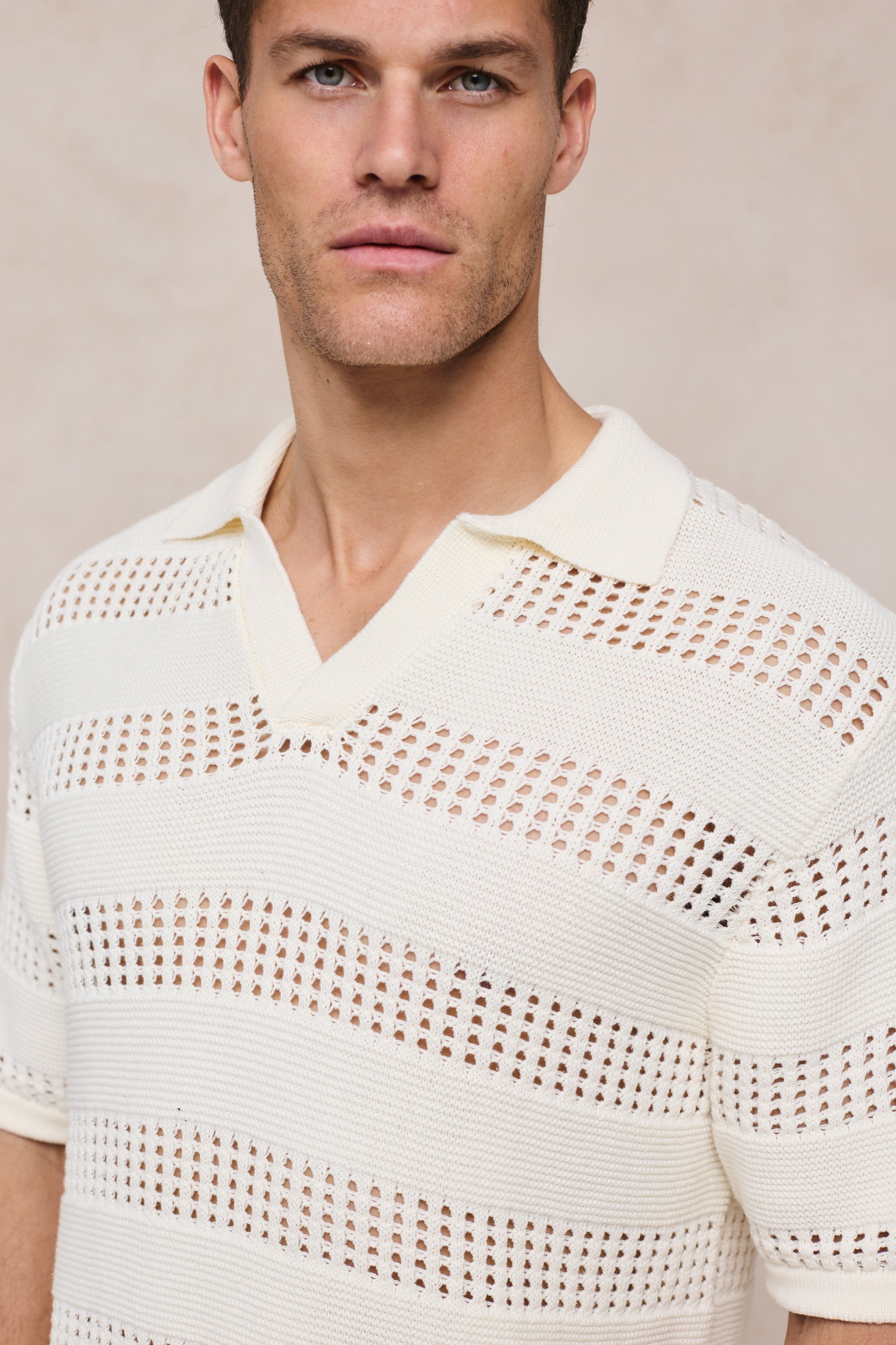Frattina Crochet Cotton Knit Polo - Ecru