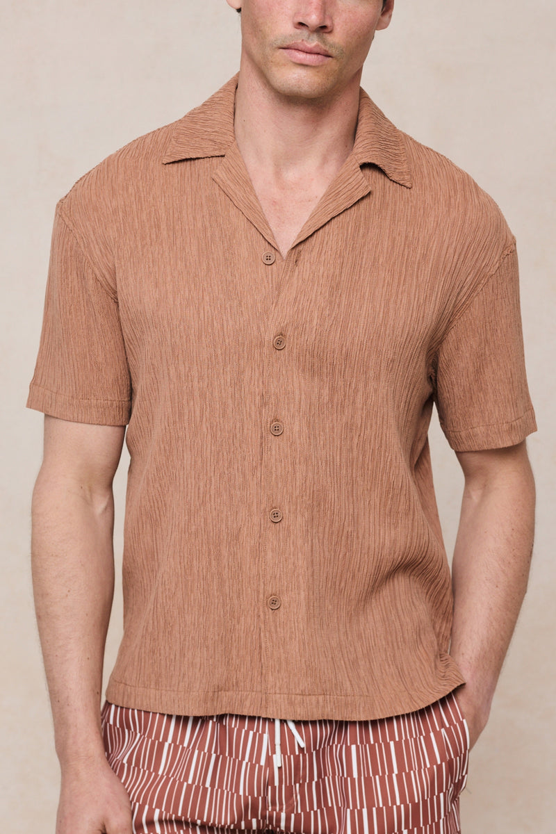 Gabriel Crinkled Tencel Short Sleeve Shirt - Rust