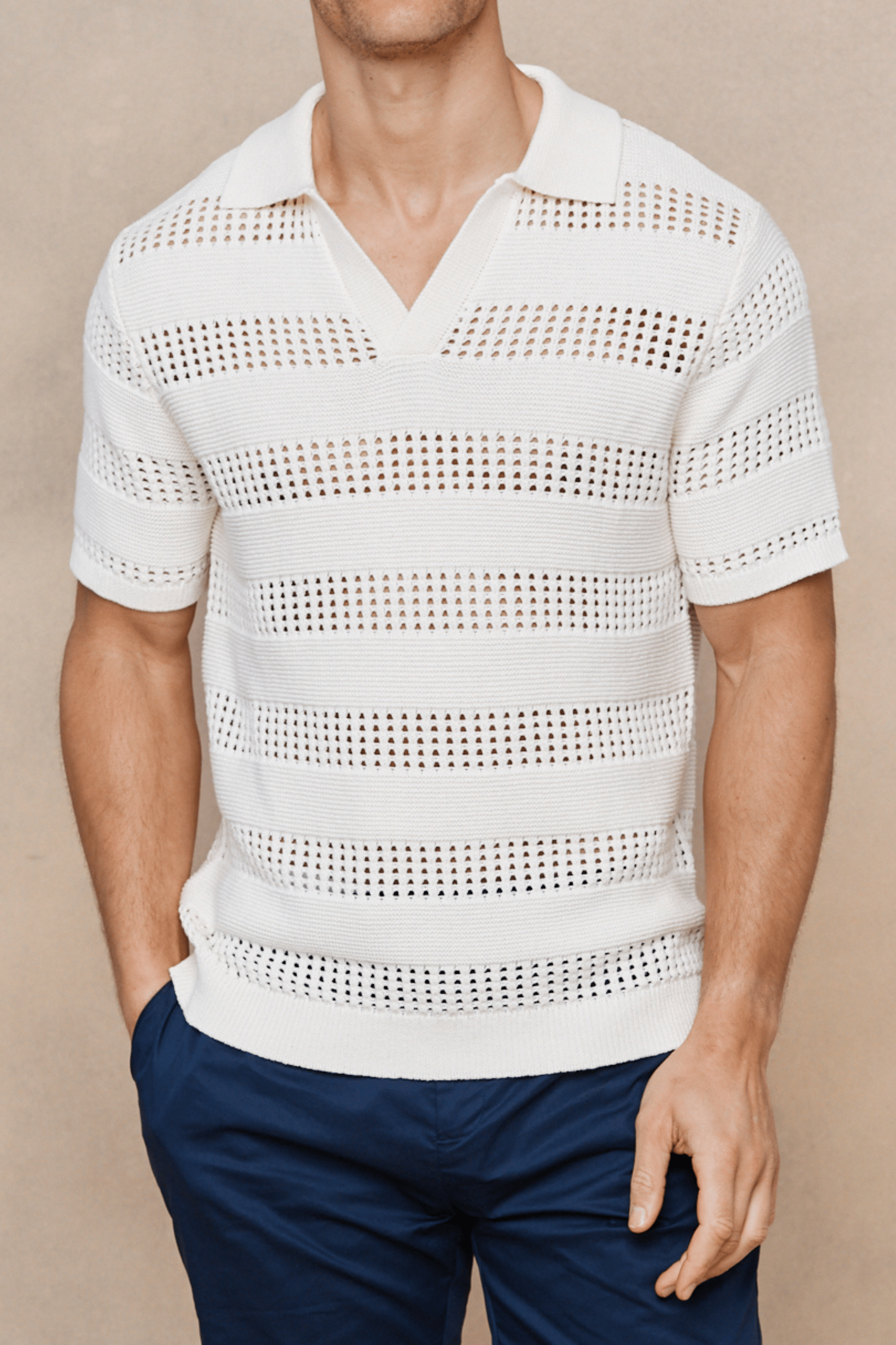 Frattina Crochet Cotton Knit Polo - Ecru