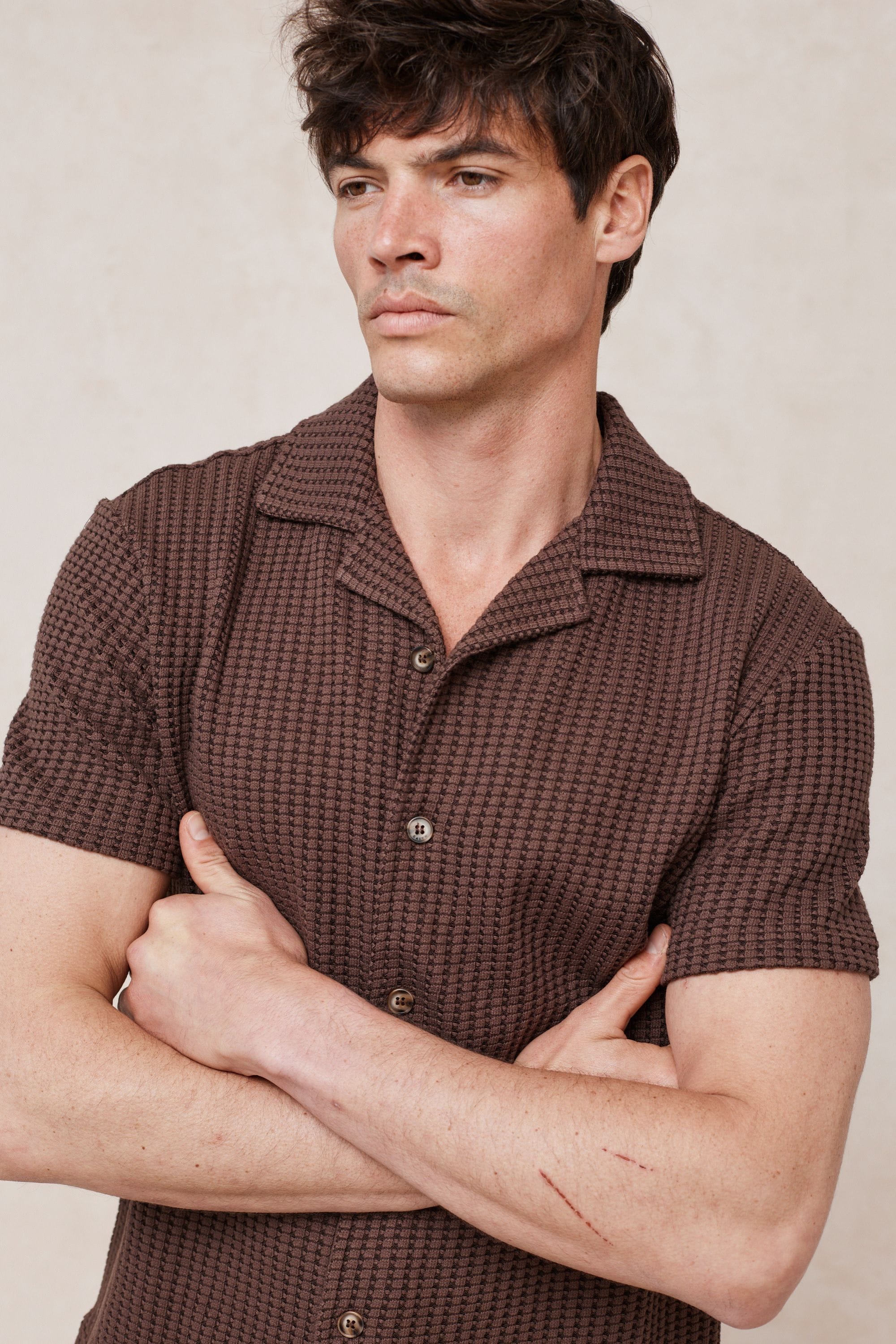 Marcos Patterned Waffle Short Sleeve Shirt - Brown