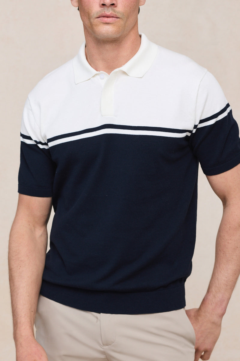 Vicolo Knitted Striped Block Polo SS - Ecru/Navy