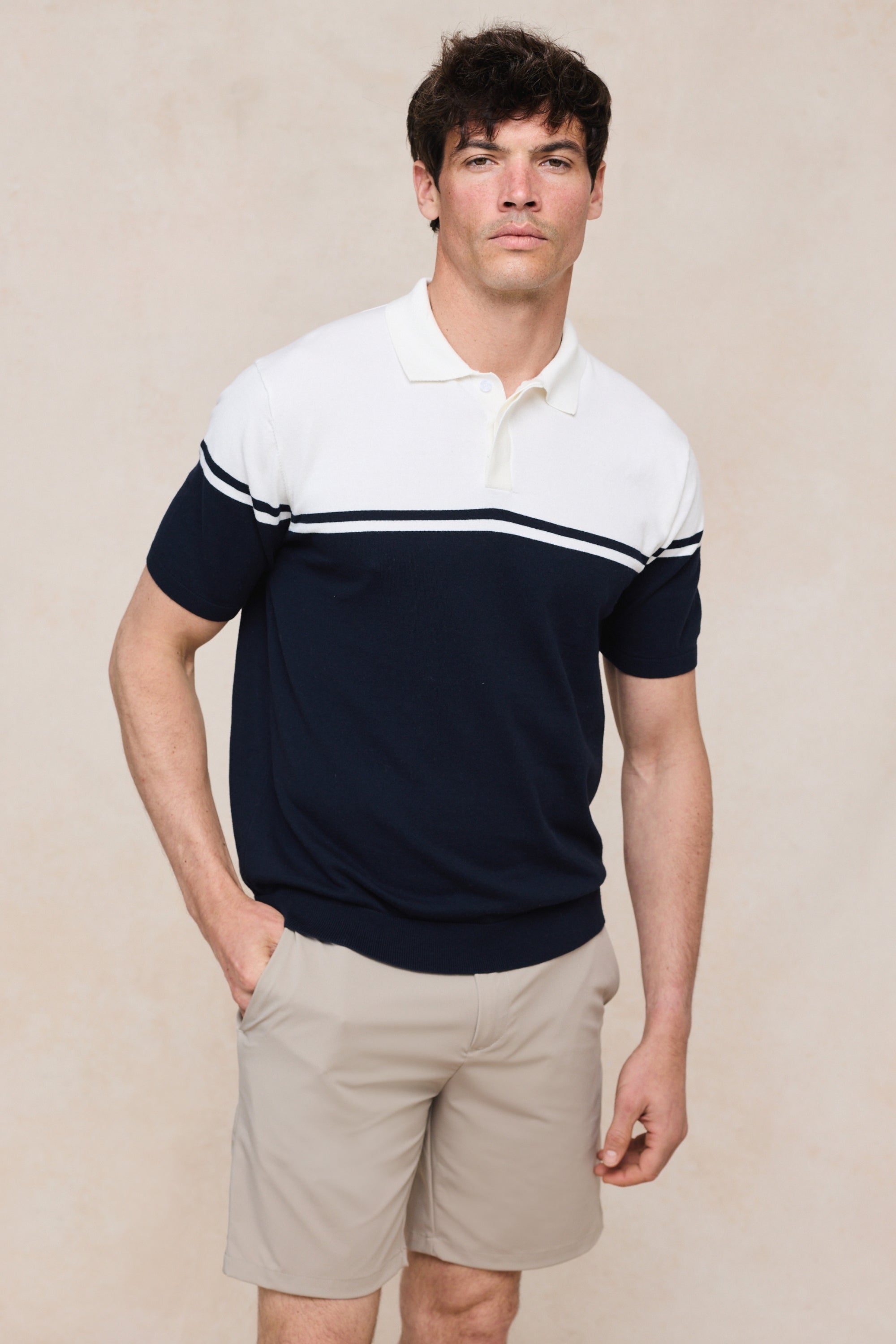 Vicolo Knitted Striped Block Polo SS - Ecru/Navy