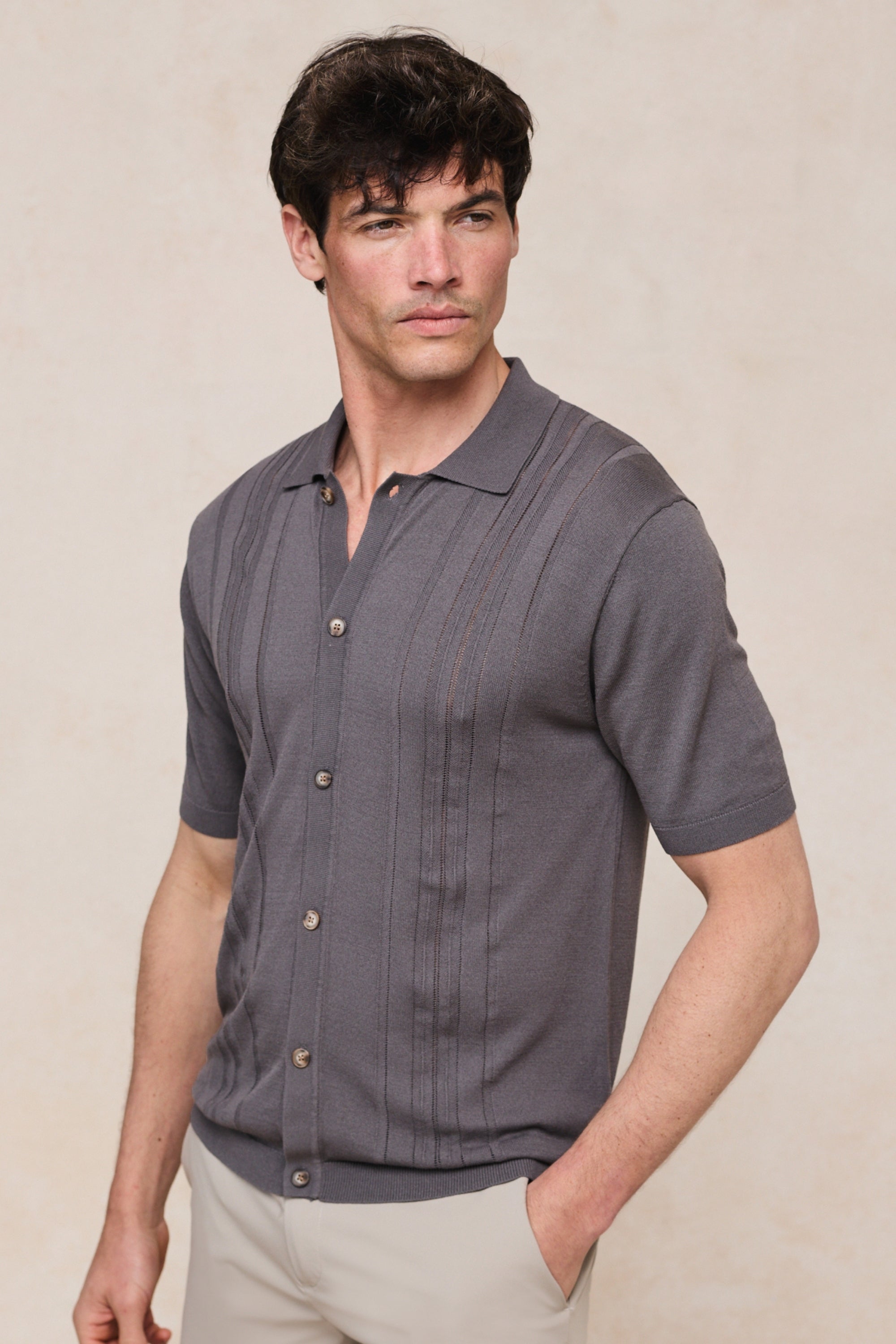 Juan Button Thru Boucle Knit Striped Polo - Mushroom
