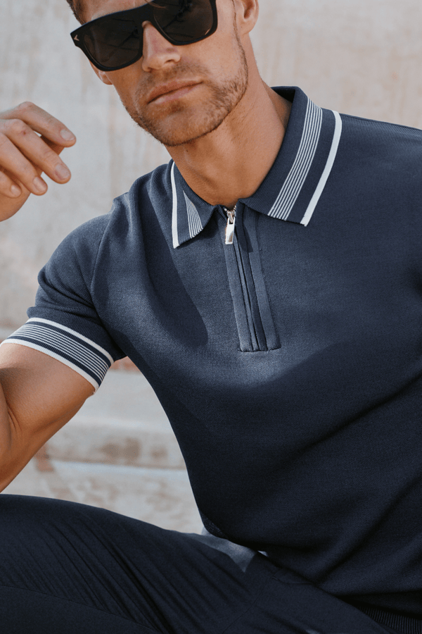Vida Knitted Stripe Polo - Navy