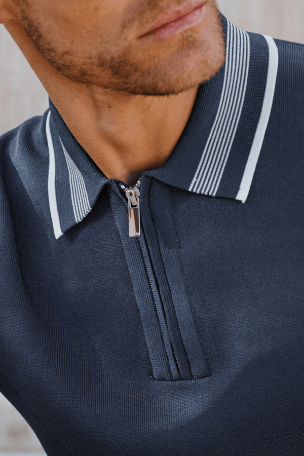 Vida Knitted Stripe Polo - Navy