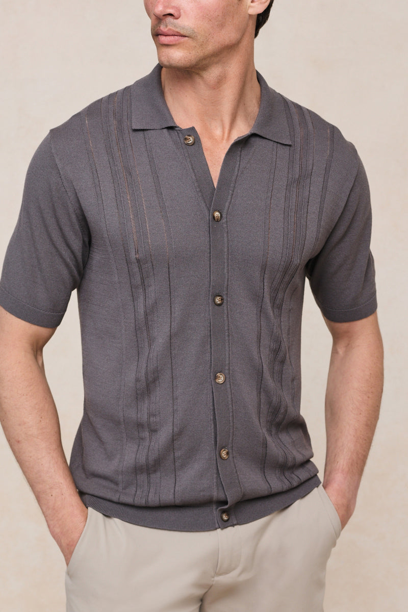 Juan Button Thru Boucle Knit Striped Polo - Mushroom