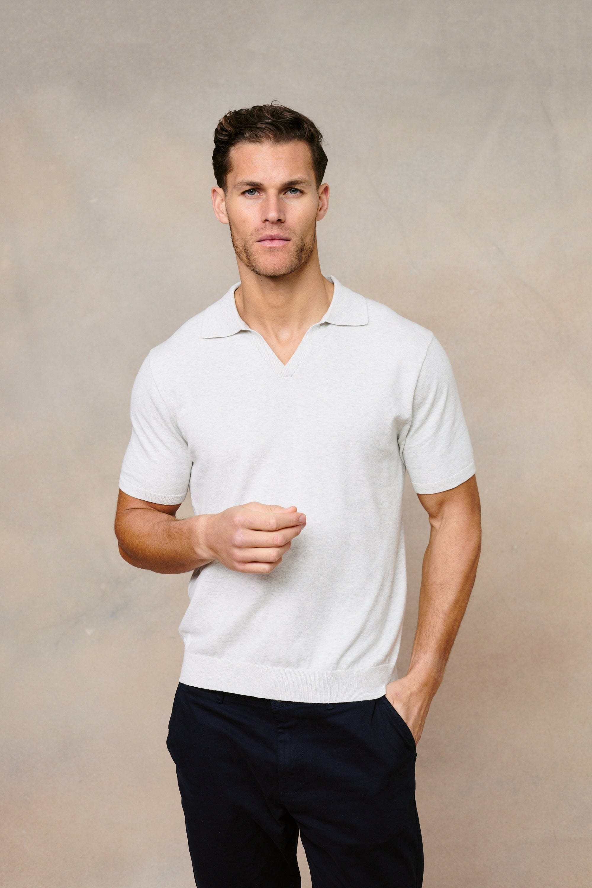 Privia Knitted Open Neck Polo - Grey Marl