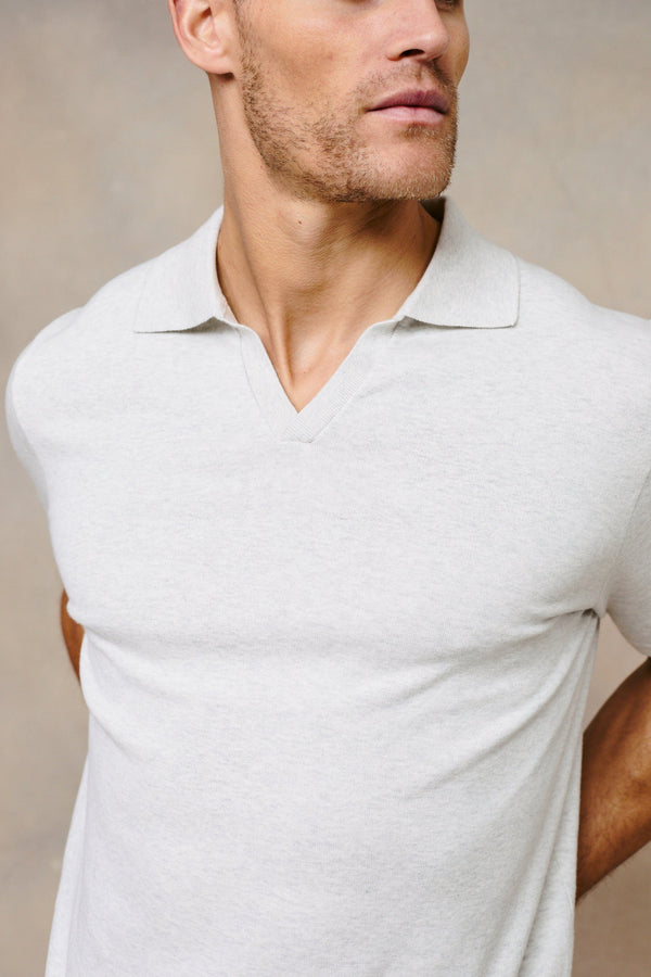 Privia Knitted Open Neck Polo - Grey Marl