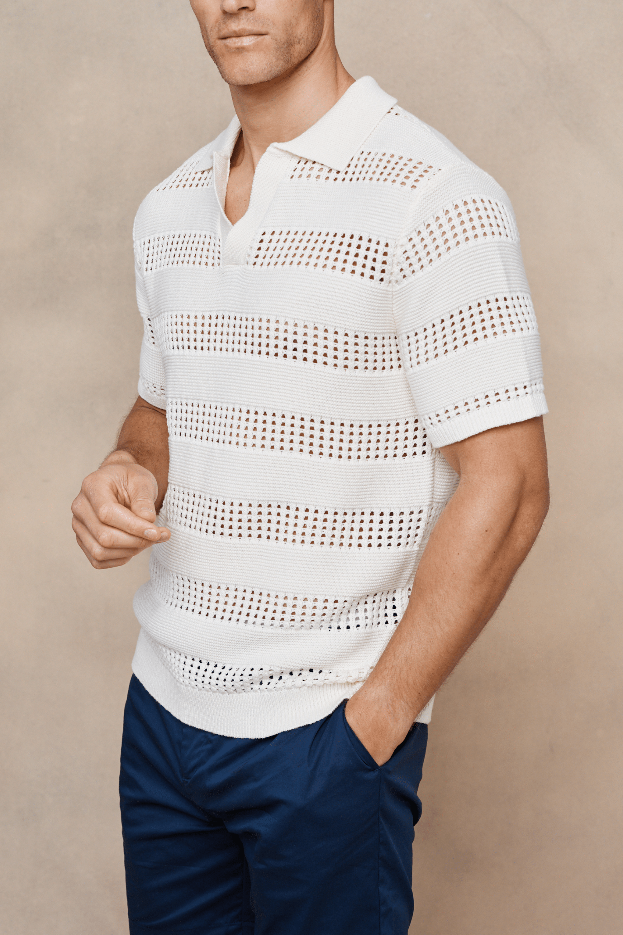 Frattina Crochet Cotton Knit Polo - Ecru