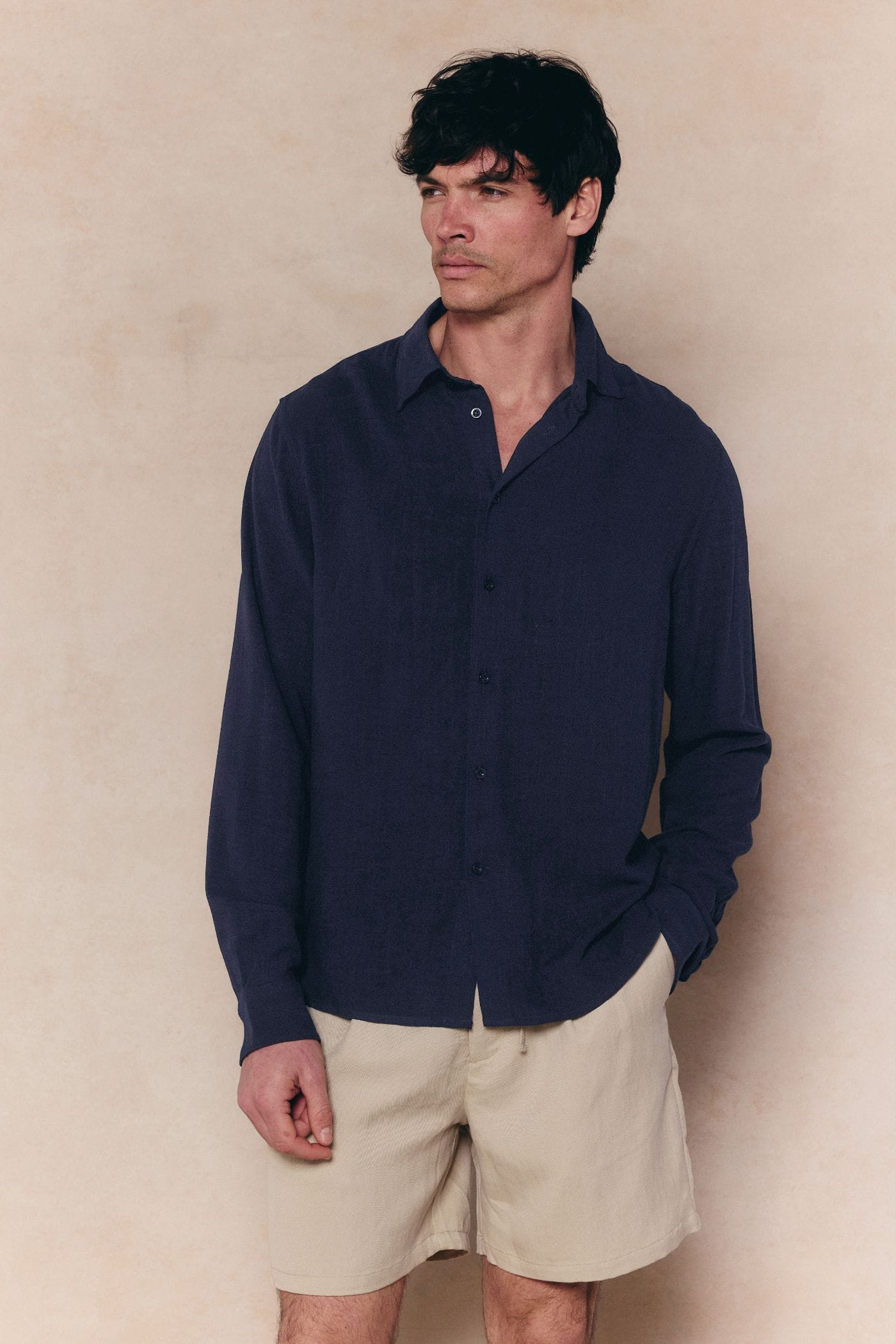 Cami Linen Classic Collar Shirt - Navy