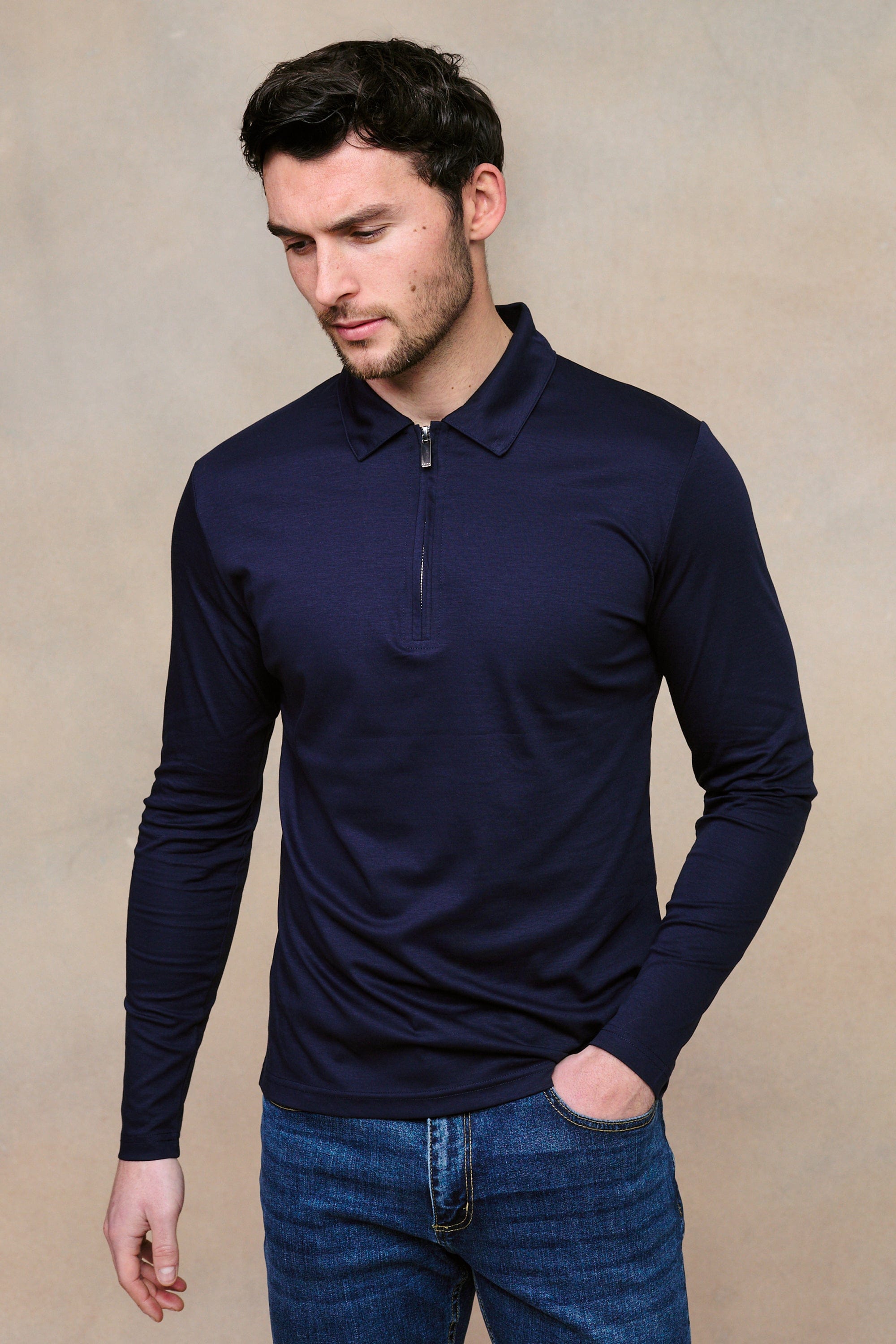 Luxe Mercerised Long Sleeve Zip Polo Shirt - Navy