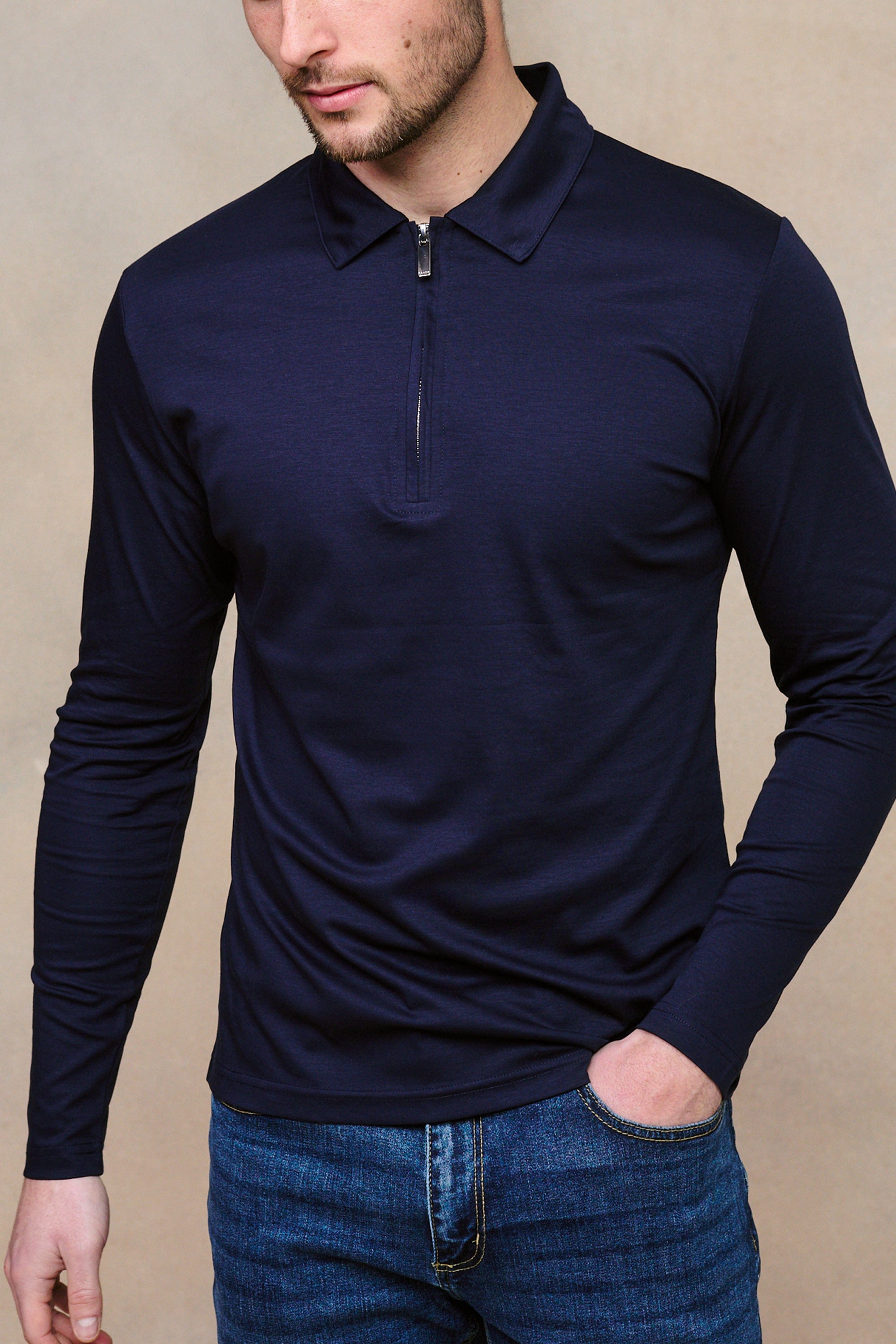 Luxe Mercerised Long Sleeve Zip Polo Shirt - Navy