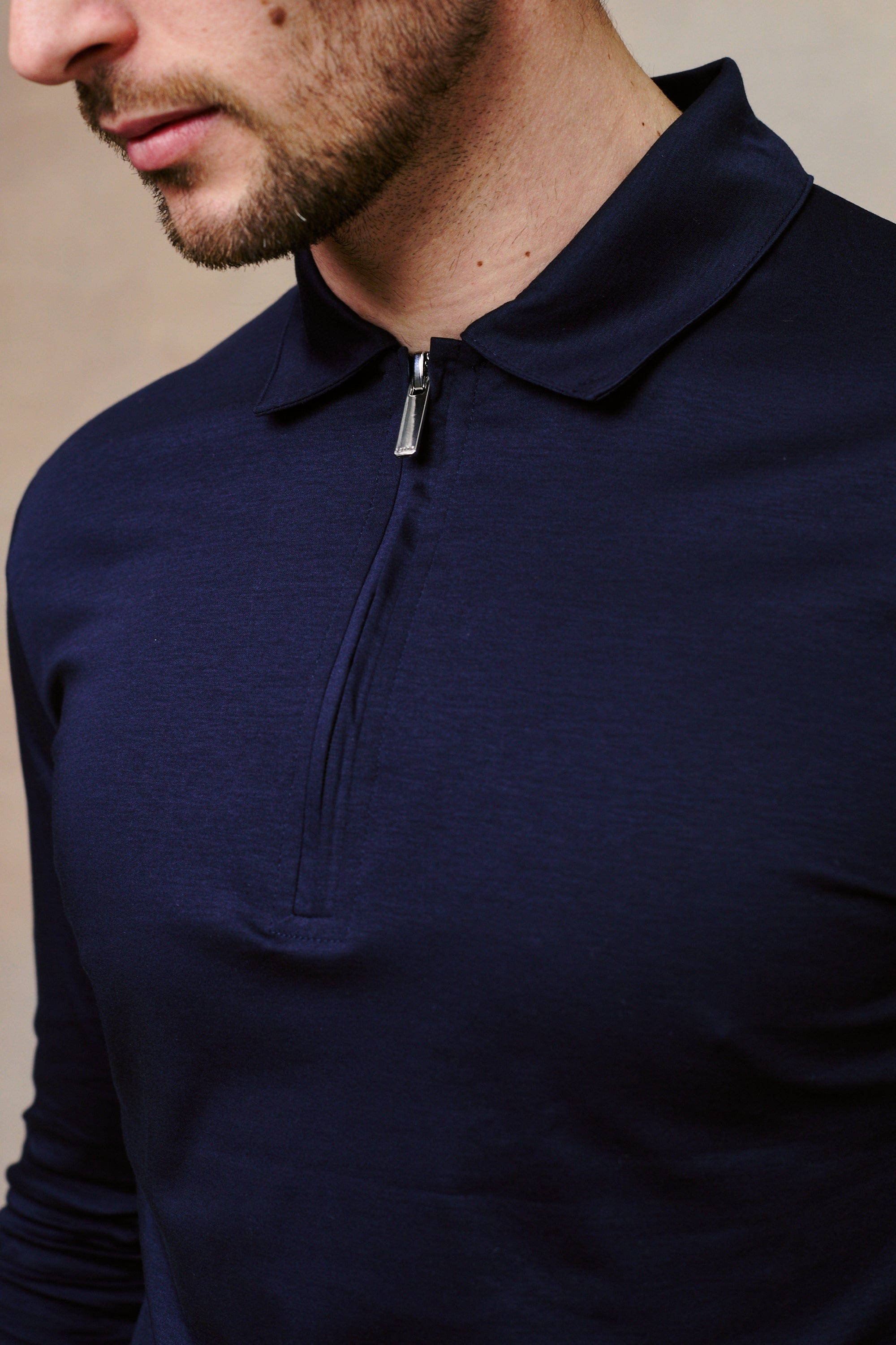 Luxe Mercerised Long Sleeve Zip Polo Shirt - Navy