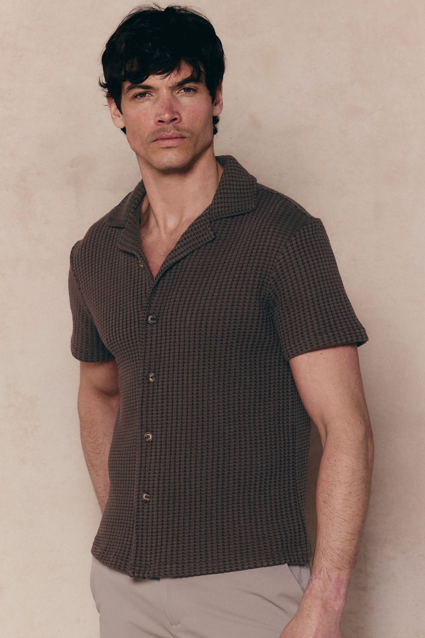Marcos Patterned Waffle Short Sleeve Shirt - Brown