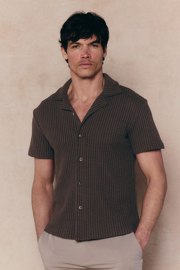 Marcos Patterned Waffle Short Sleeve Shirt - Brown