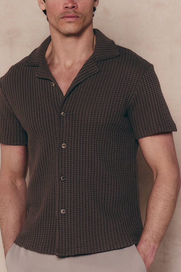 Marcos Patterned Waffle Short Sleeve Shirt - Brown