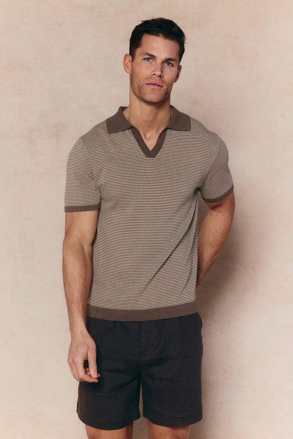 Antonio Contrast Trim Striped Linen Polo - Brown/Beige