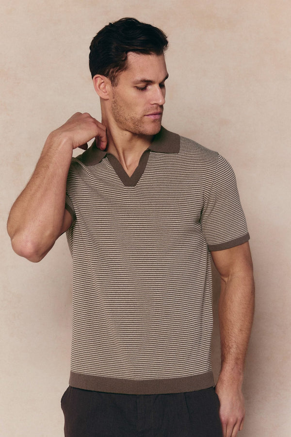Antonio Contrast Trim Striped Linen Polo - Brown/Beige