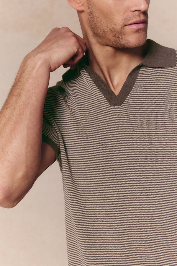 Antonio Contrast Trim Striped Linen Polo - Brown/Beige