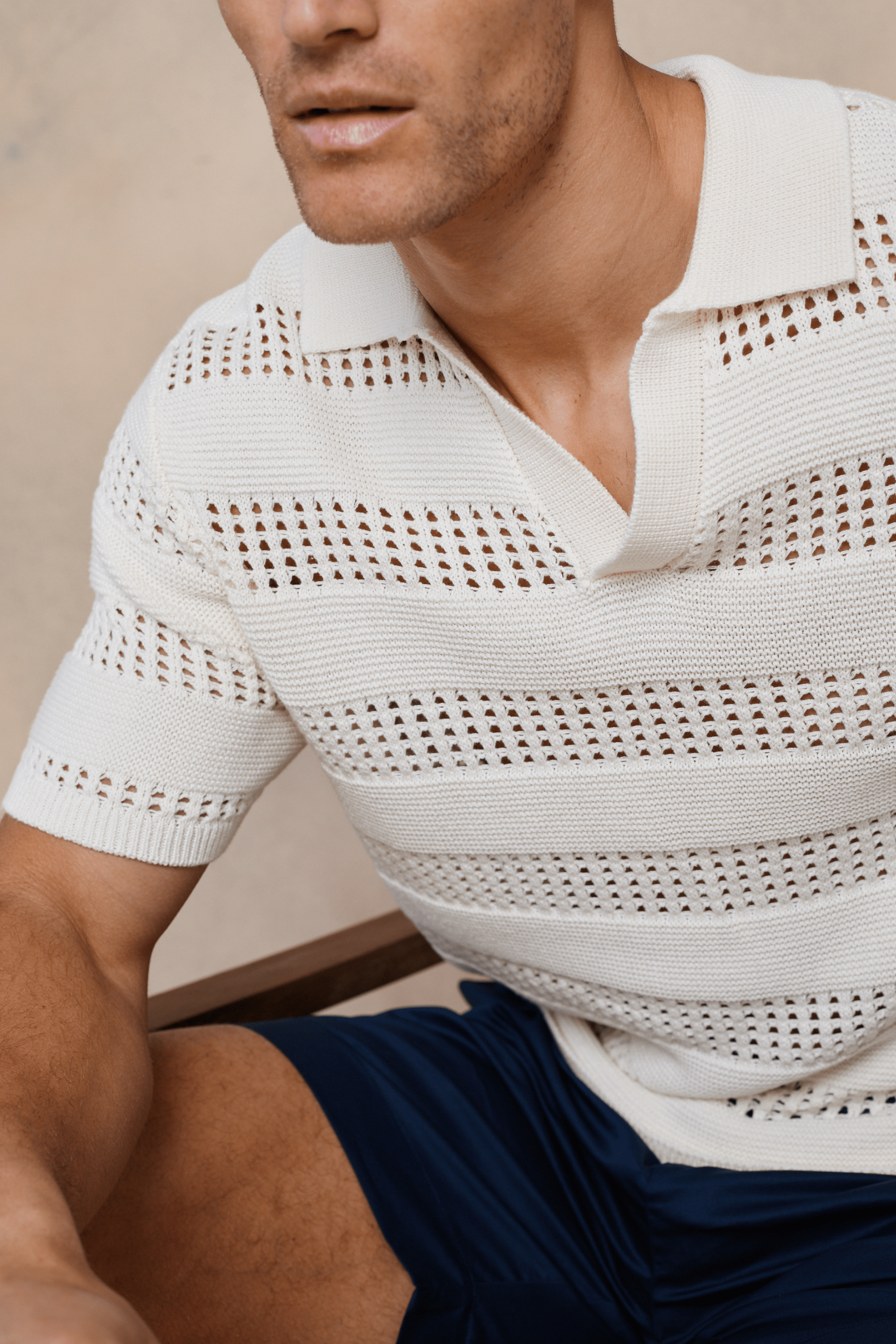 Frattina Crochet Cotton Knit Polo - Ecru