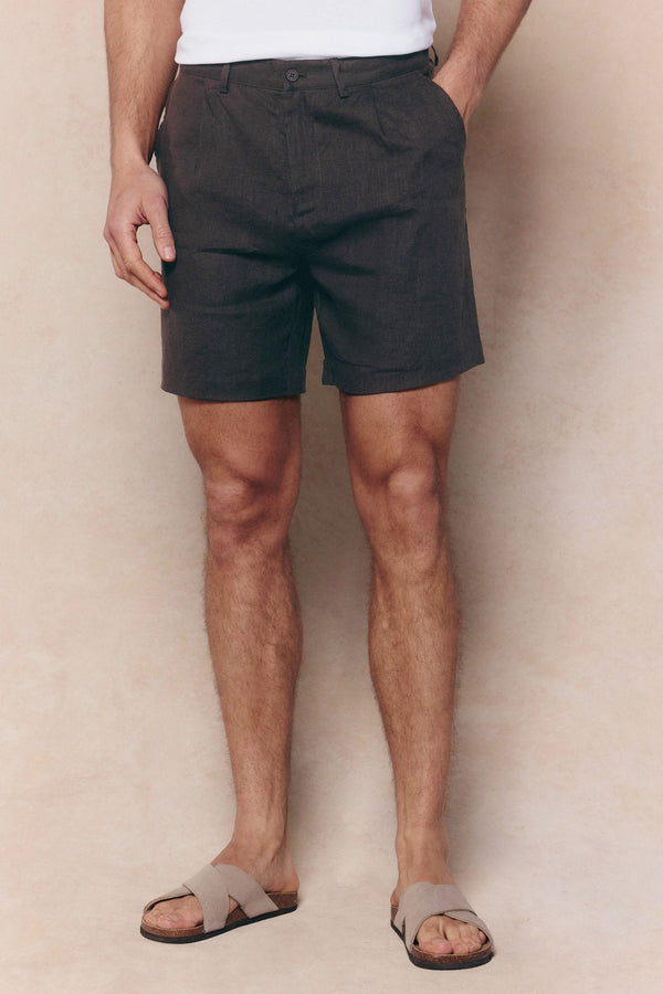 Javier Pleated Waistband Linen Short - Brown