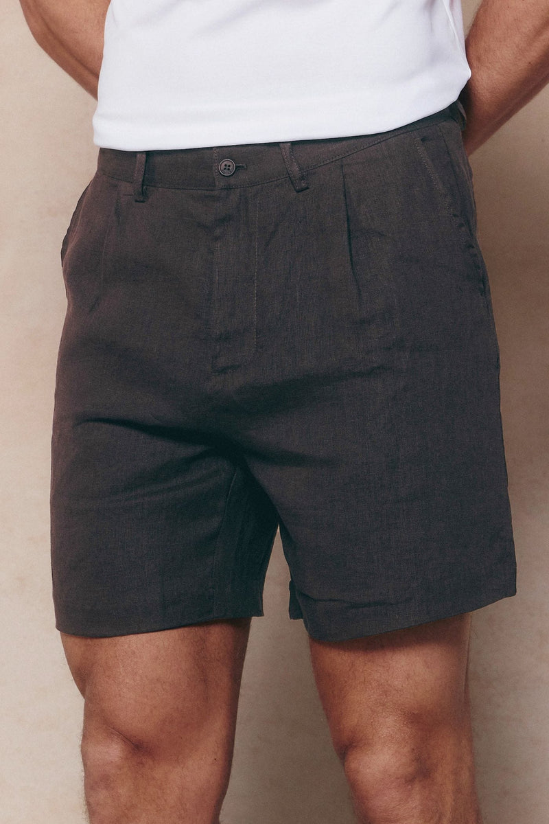 Javier Pleated Waistband Linen Short - Brown