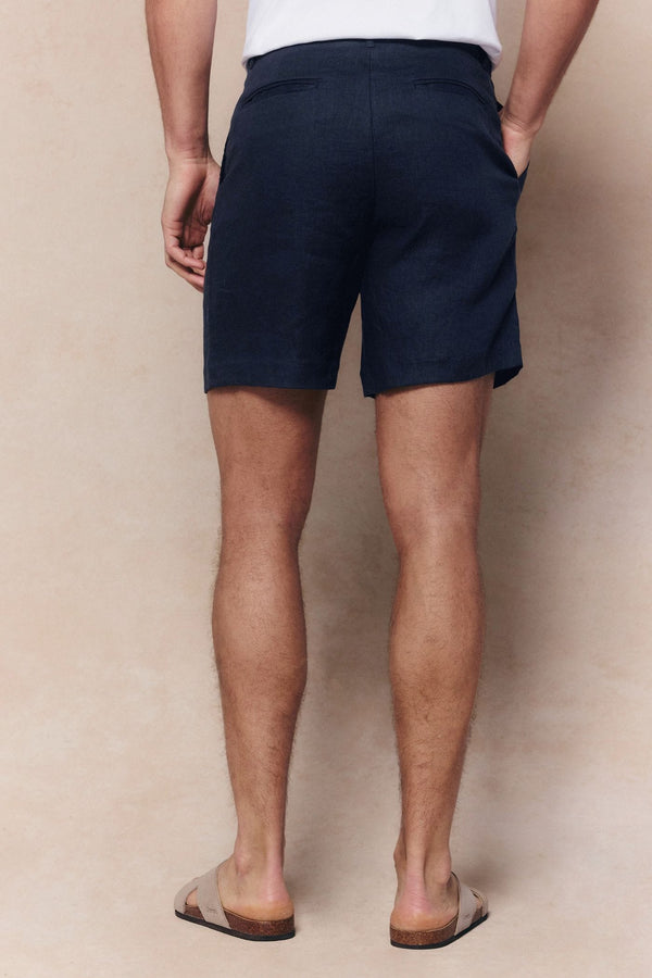 Javier Pleated Waistband Linen Short - Navy