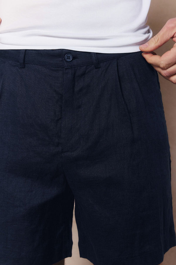 Javier Pleated Waistband Linen Short - Navy