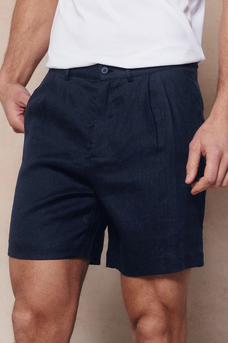Javier Pleated Waistband Linen Short - Navy