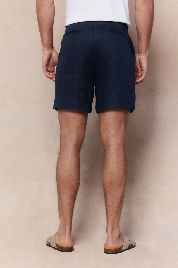 Javier Pleated Waistband Linen Short - Navy
