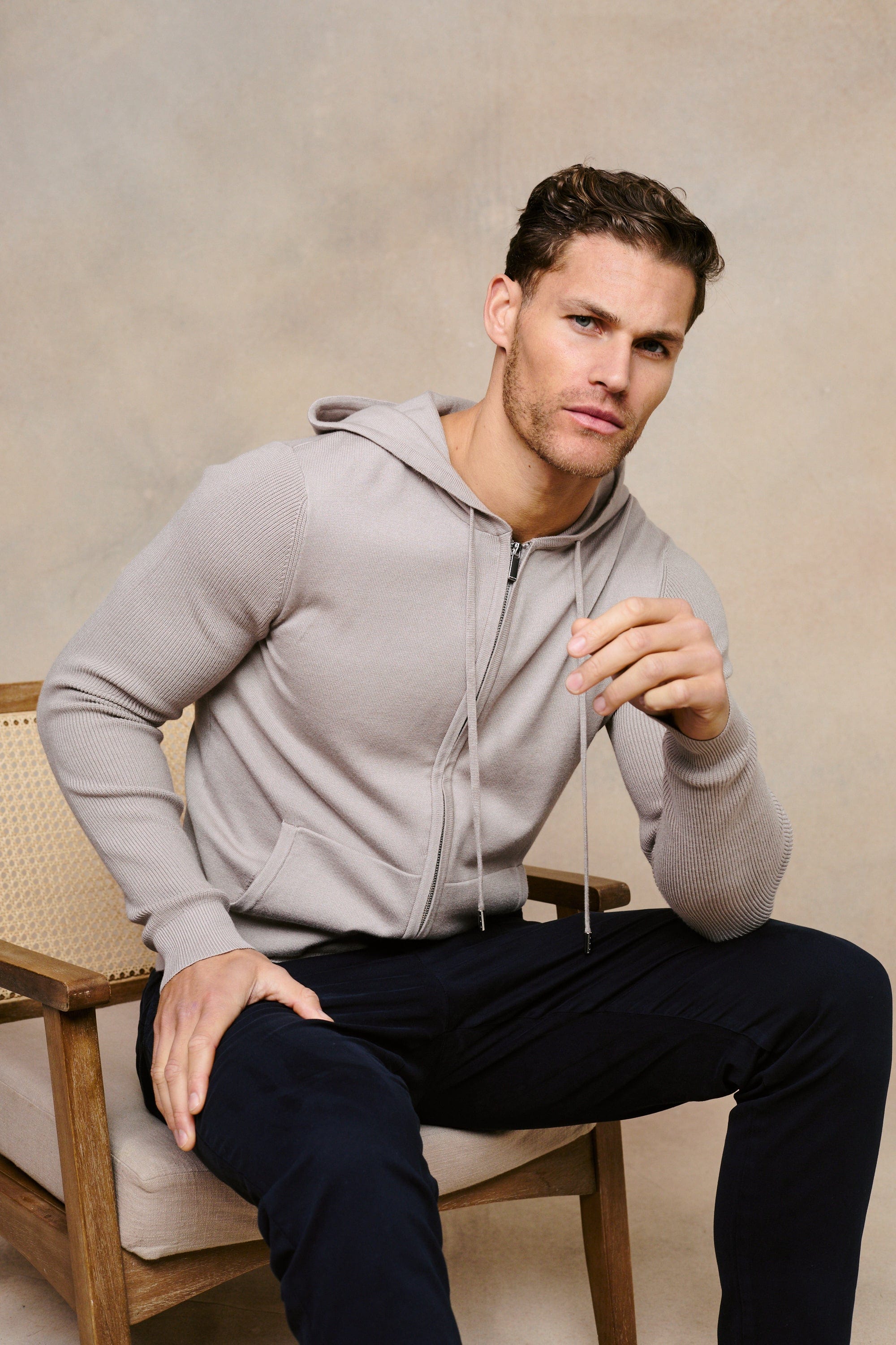 Nolan Knitted Zip Through Hoodie - Taupe