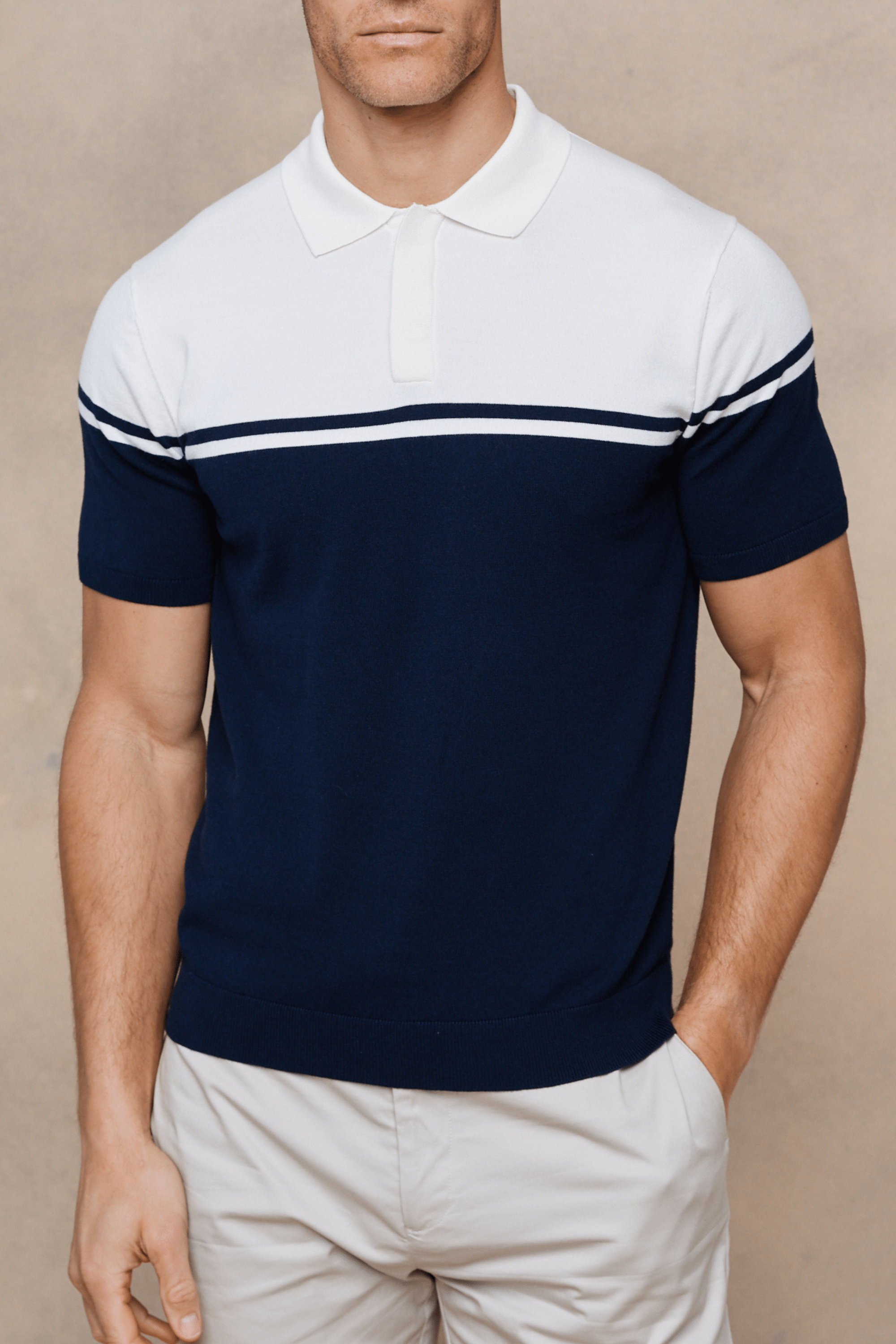 Vicolo Knitted Striped Block Polo SS - Navy/Sand