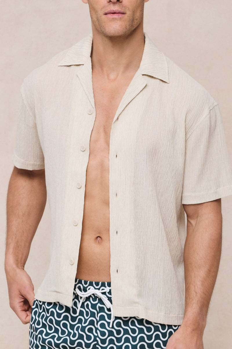 Gabriel Crinkled Tencel Short Sleeve Shirt - Beige