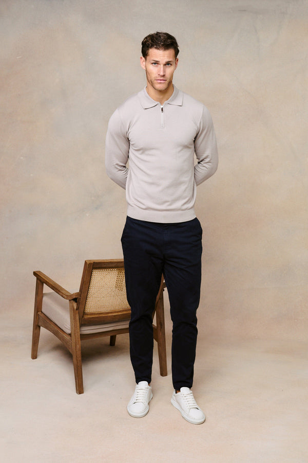 Knitted Long Sleeve Zip Polo Shirt - Warm Grey
