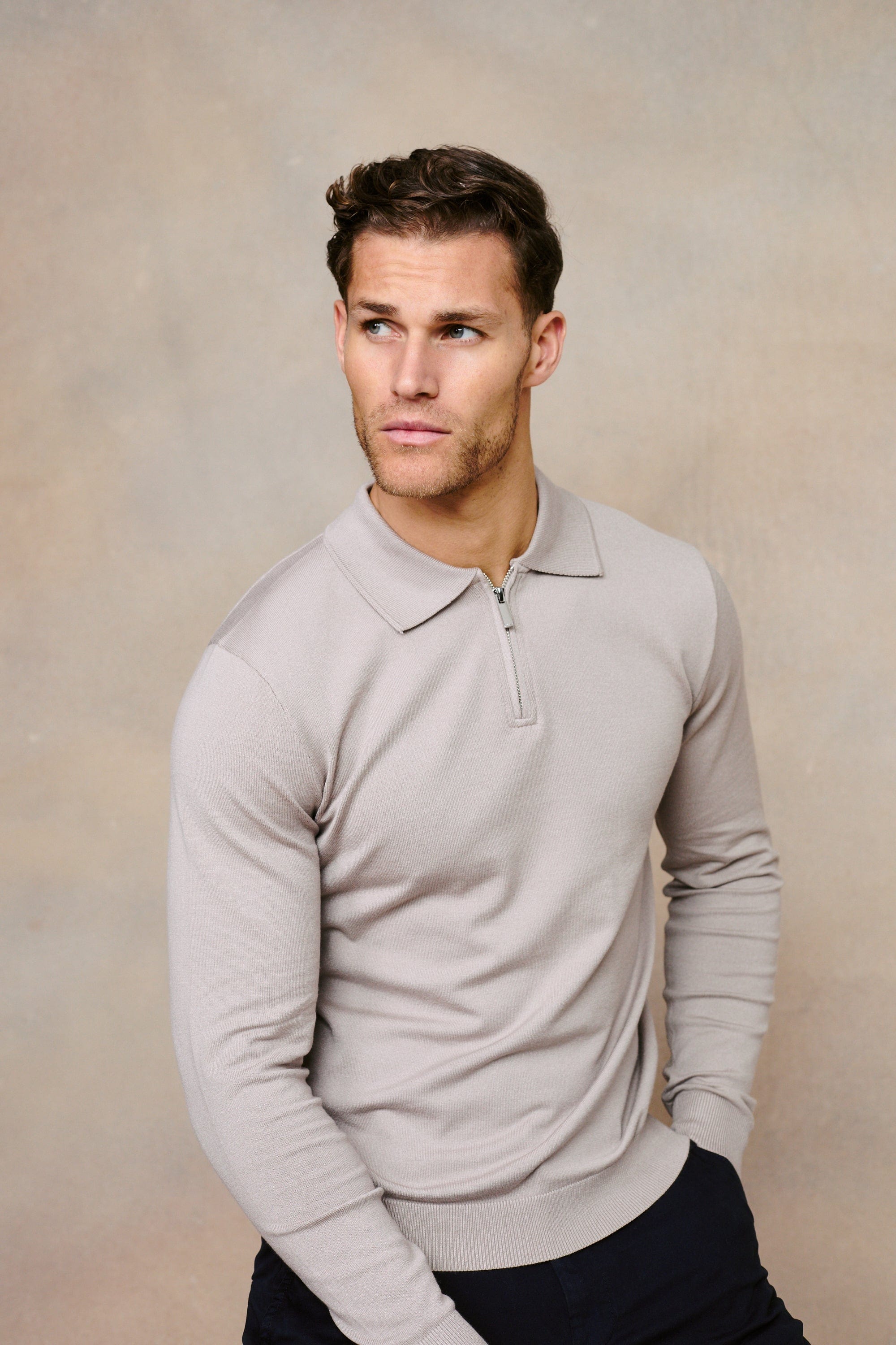 Knitted Long Sleeve Zip Polo Shirt - Warm Grey