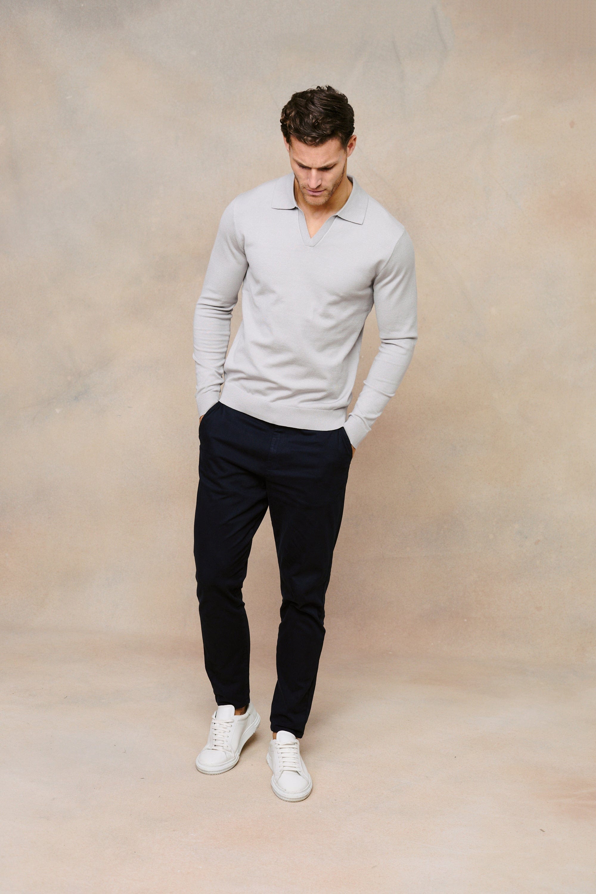 Knitted Long Sleeve Open Collar Polo - Light Grey