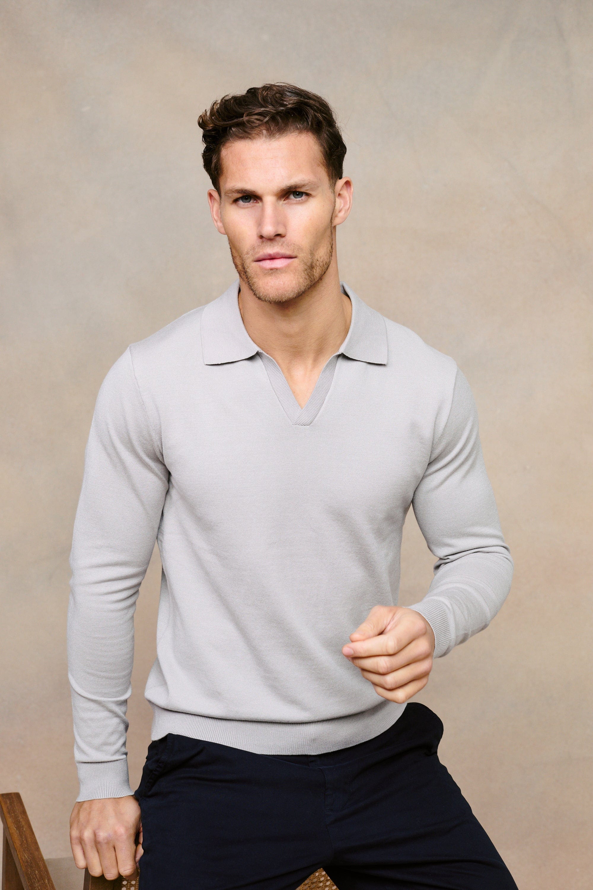 Knitted Long Sleeve Open Collar Polo - Light Grey