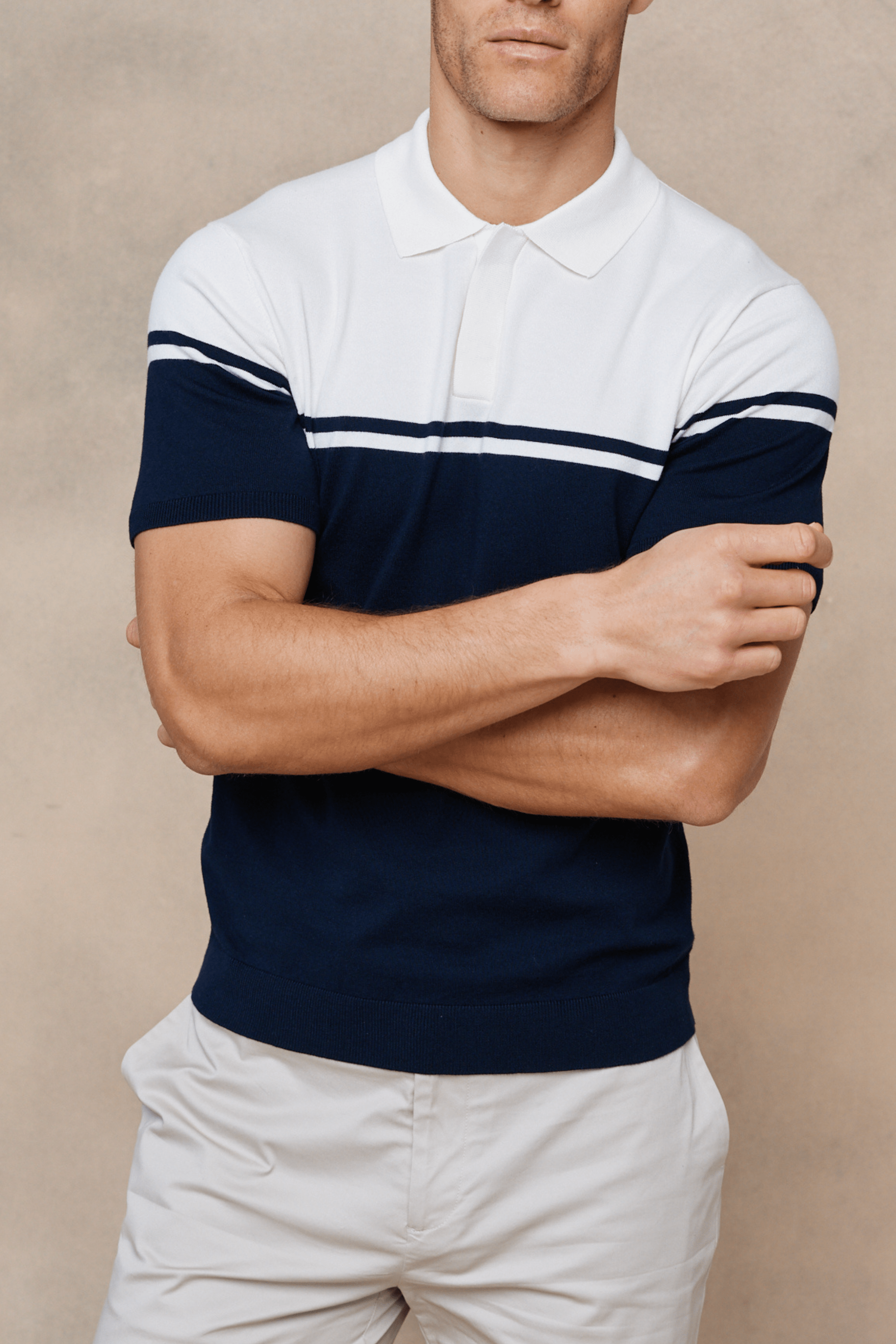 Vicolo Knitted Striped Block Polo SS - Navy/Sand