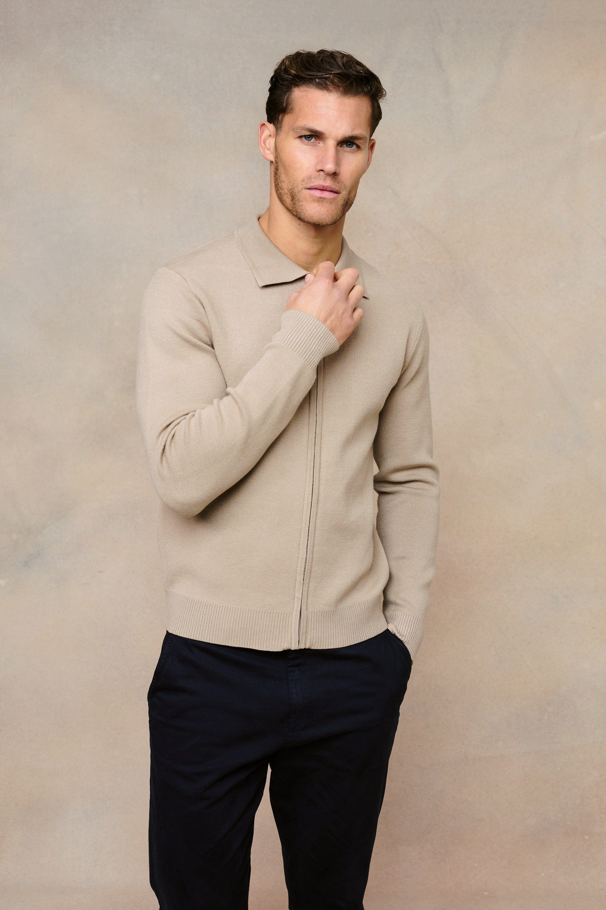 Arlo Zip Through Knitted Cardigan - Sand