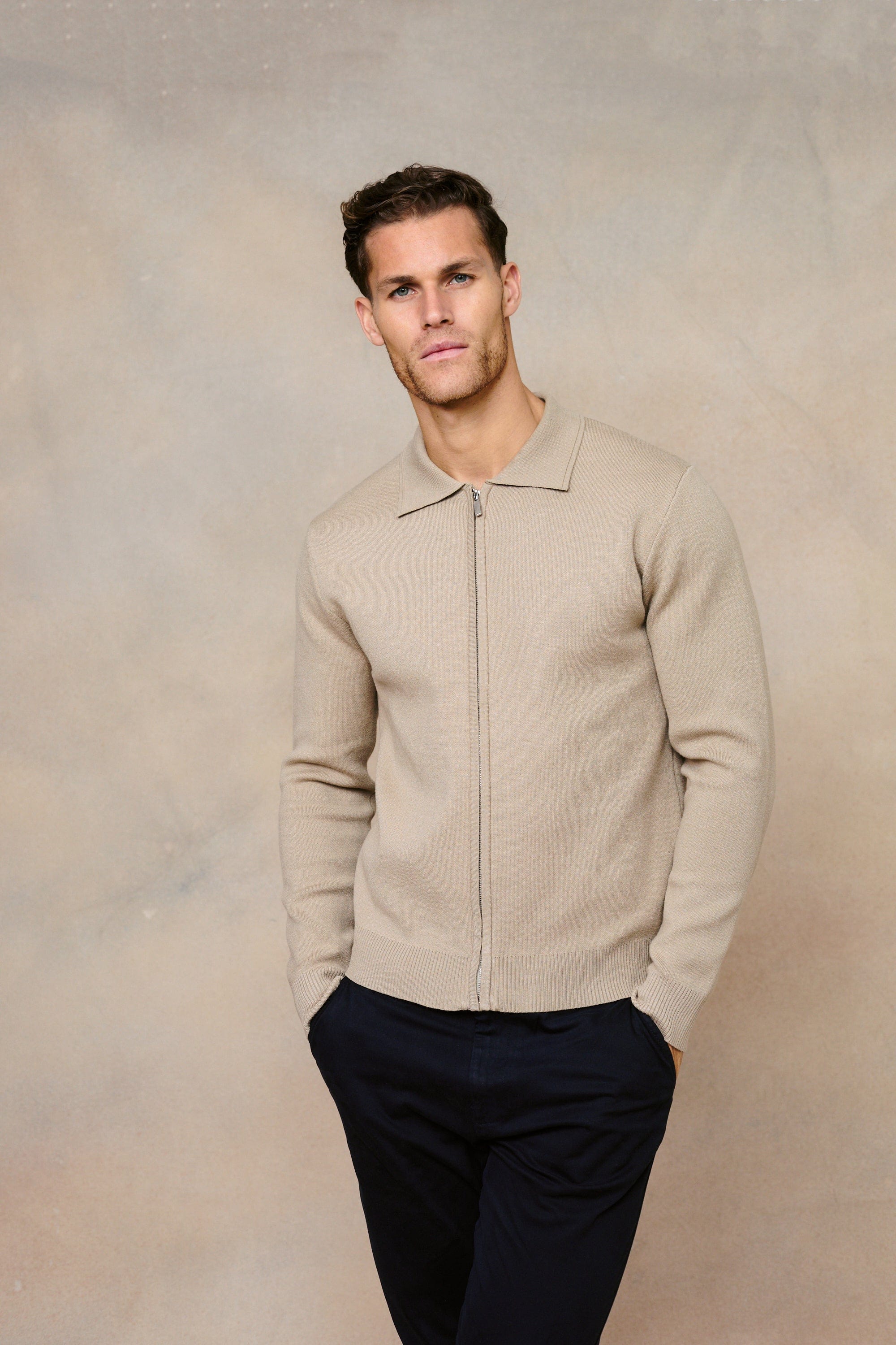 Arlo Zip Through Knitted Cardigan - Sand