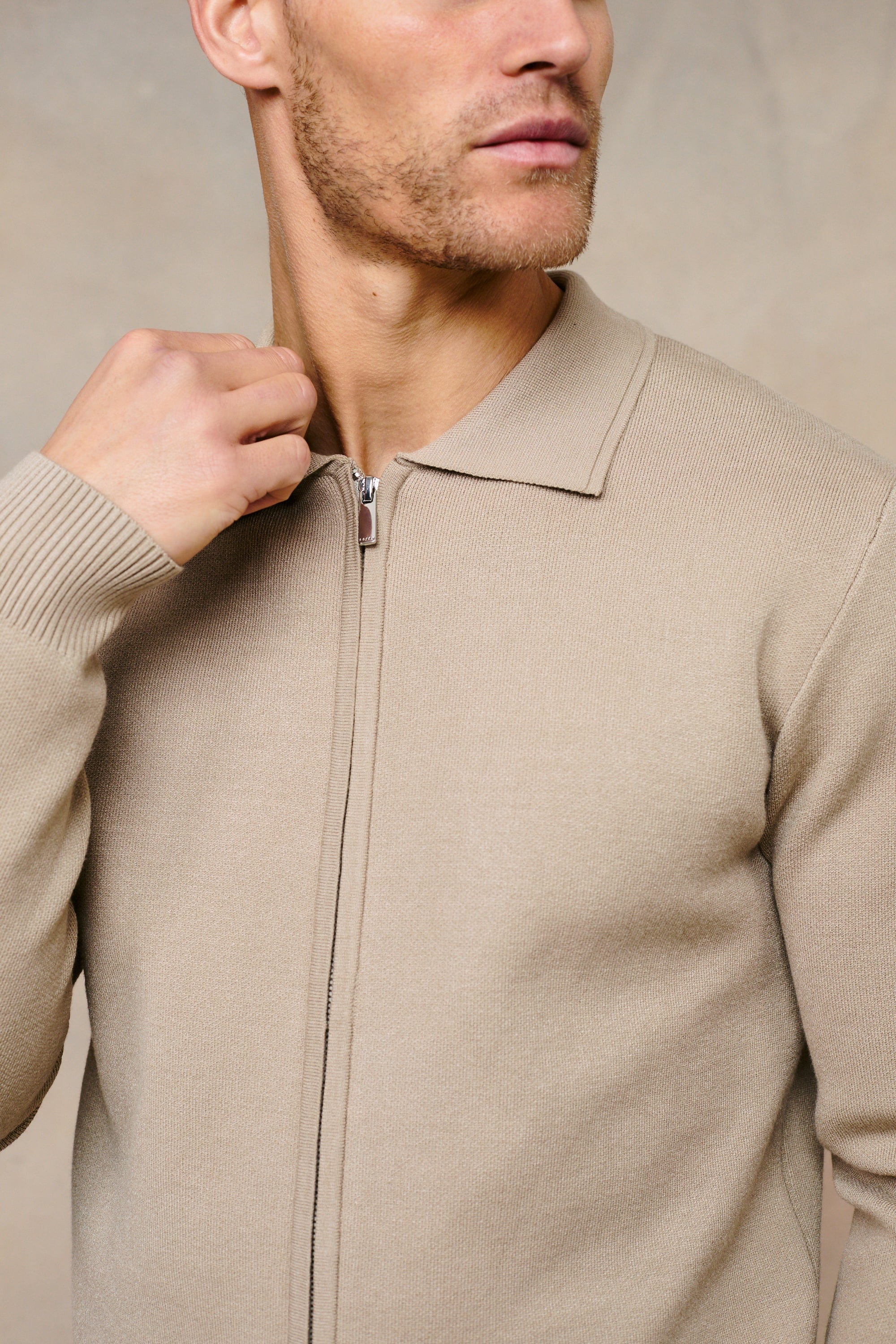 Arlo Zip Through Knitted Cardigan - Sand