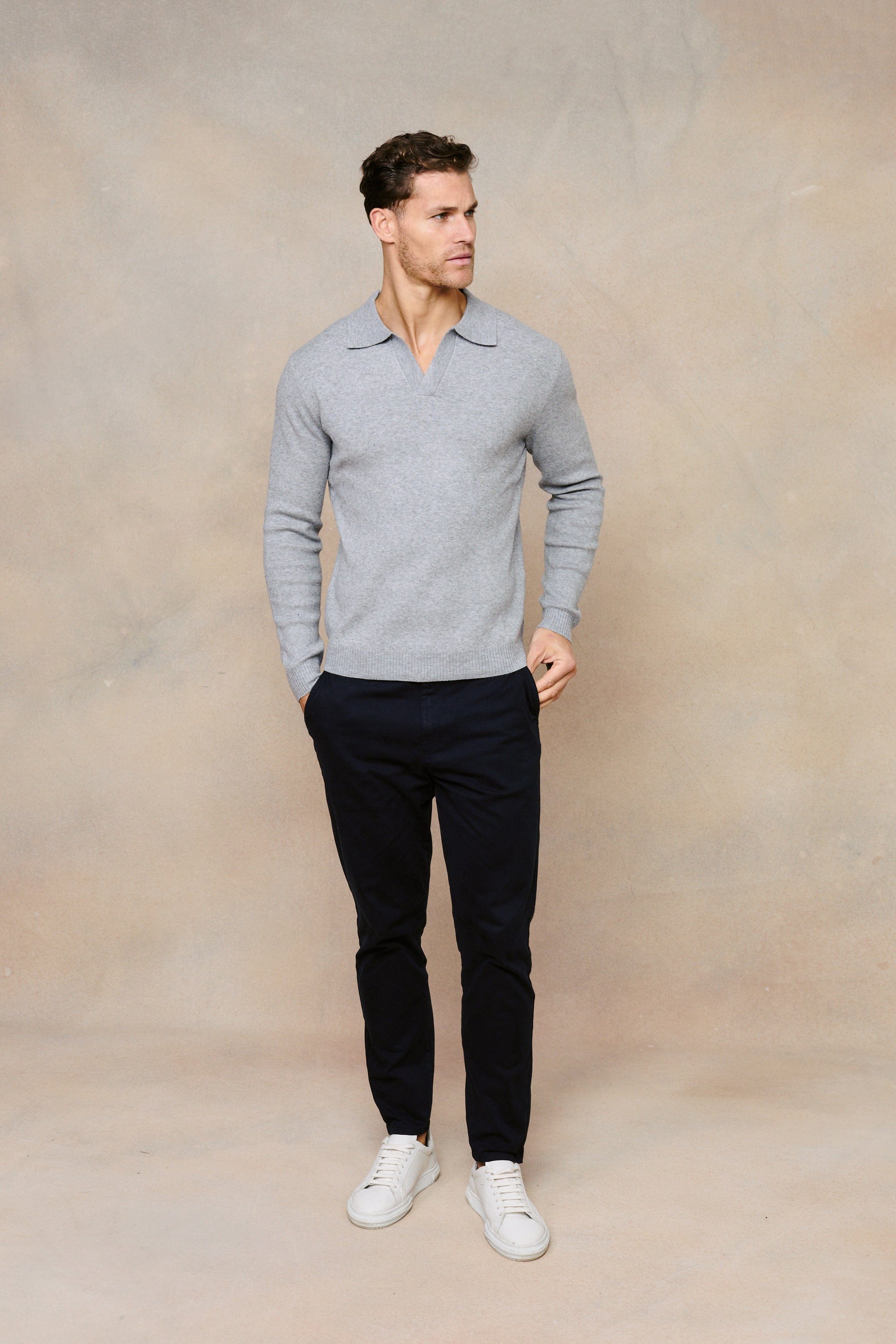 Lennon Open Collar Polo - Grey Marl