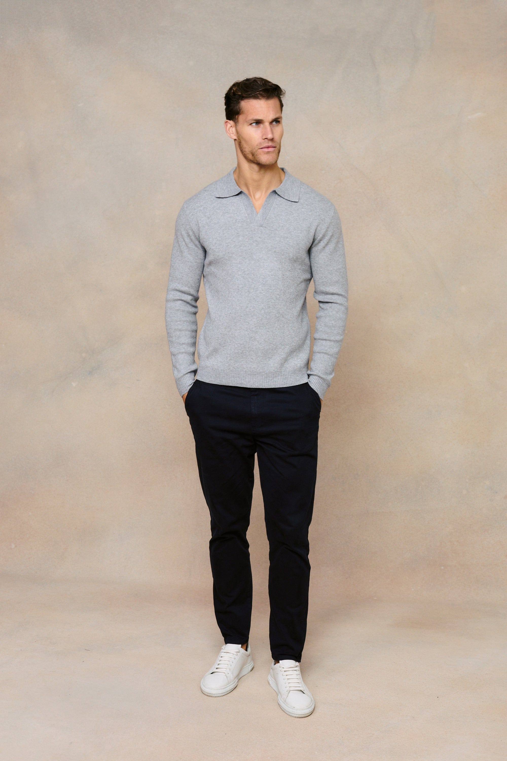 Lennon Open Collar Polo - Grey Marl