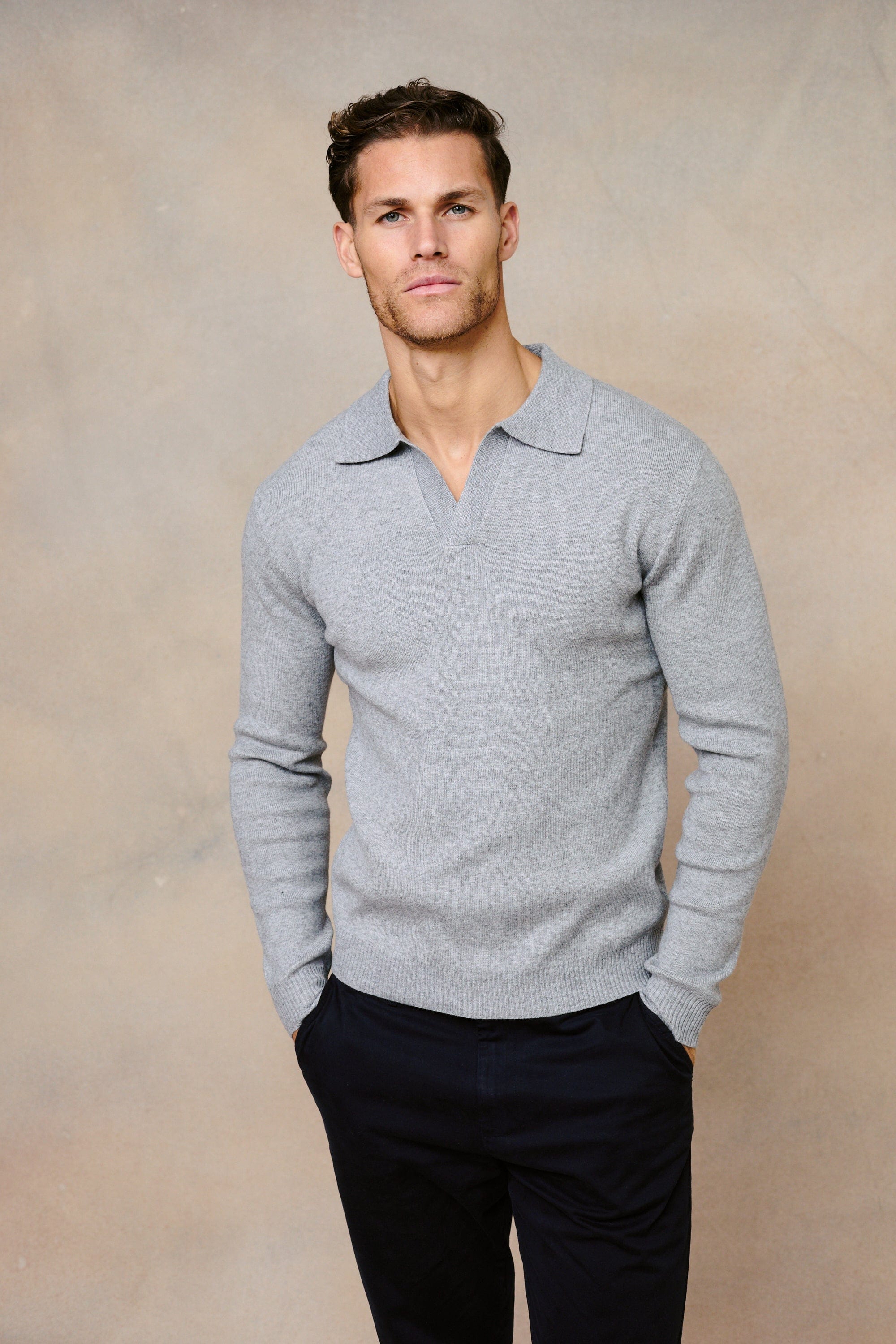 Lennon Open Collar Polo - Grey Marl