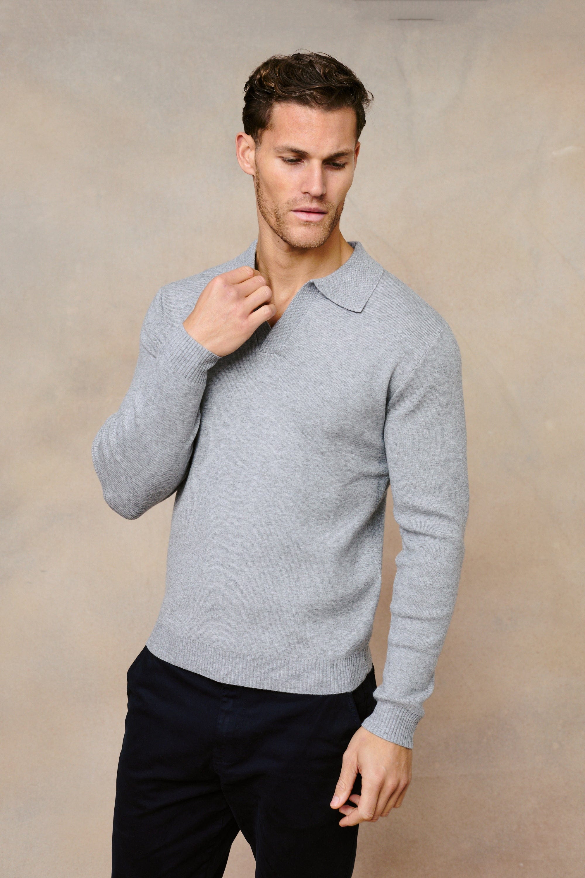 Lennon Open Collar Polo - Grey Marl